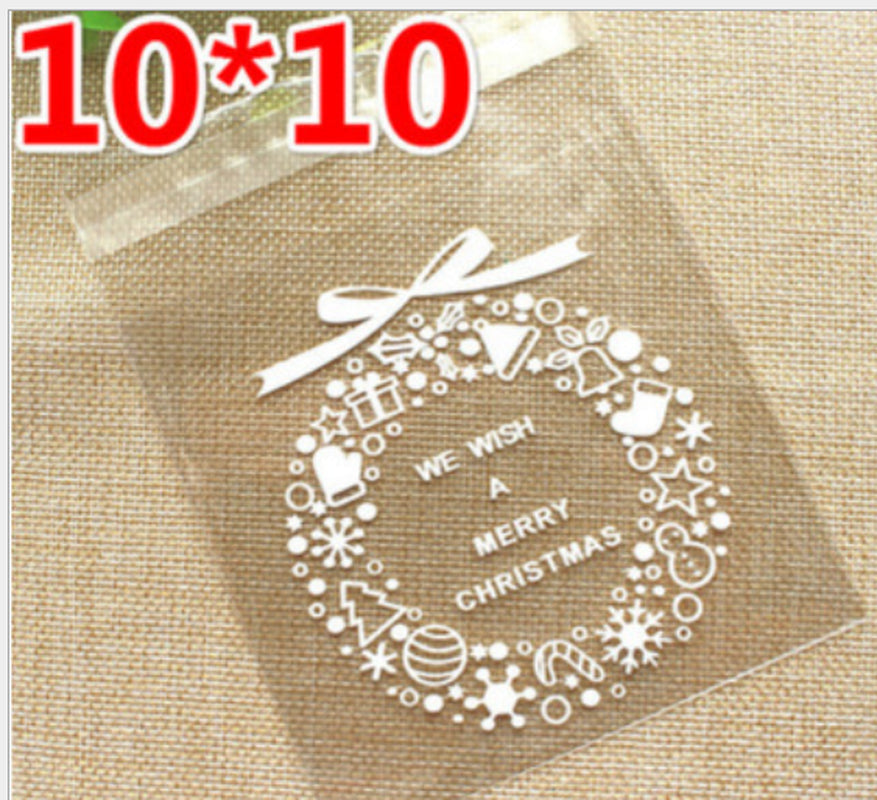 New Christmas 100Pcs Self Adhesive Bag Cookie Candy Gift Packaging Bags 10X10Cm