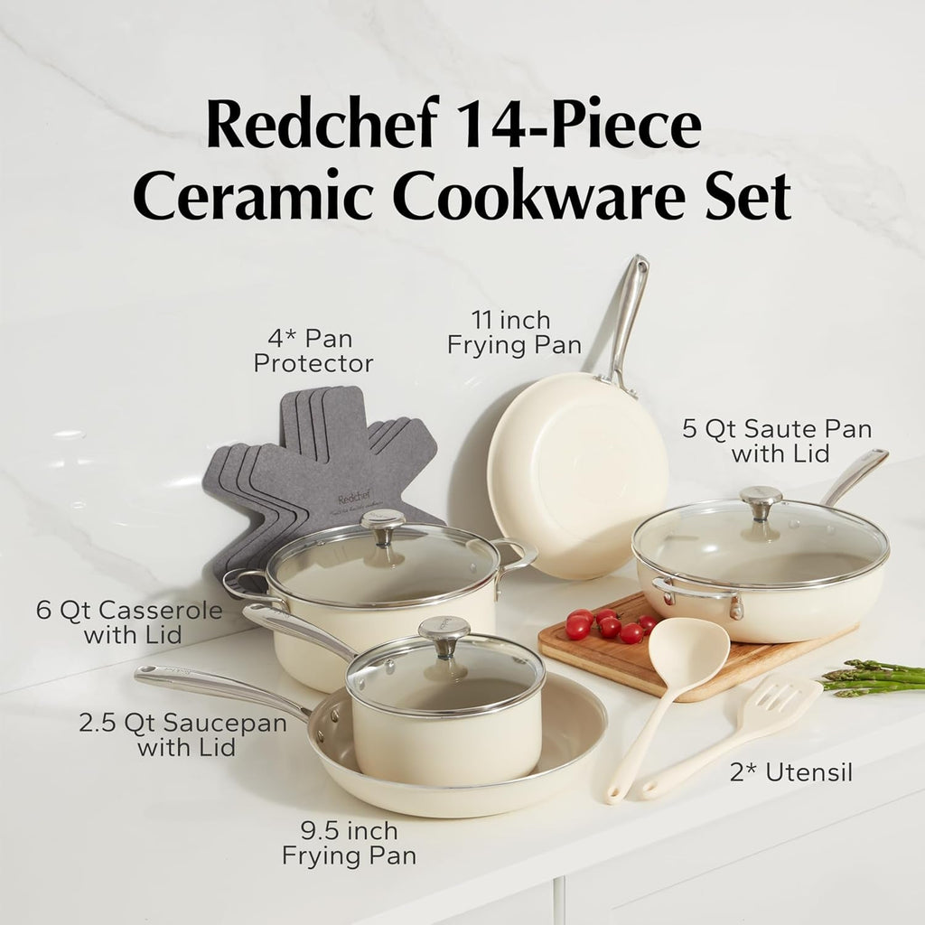 Ceramic Nonstick Cookware Set,14Pcs Pots and Pans Set Non Stick,Induction Hob Pan Set with Stainless Steel Handle,Non Toxic Kitchen Cooking Set,Dishwasher/Oven Safe,Pfas PFOA & PTFE Free