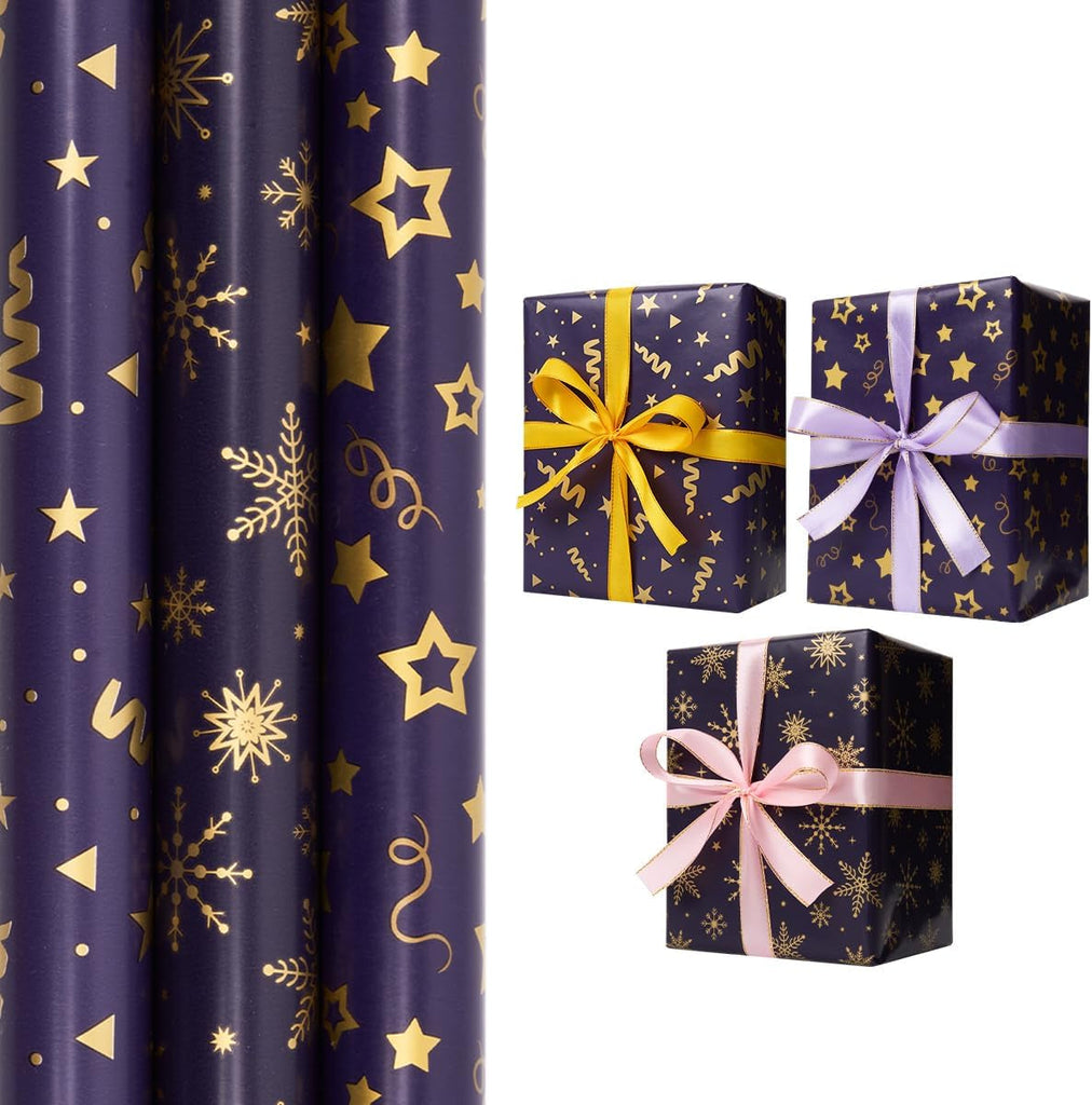 3 Rolls Blue Gold Gift Wrapping Paper, 43Cm*3M Wrapping Paper Print with Star and Snowflake for Christmas, Birthday, Festival Party Gift Decoration