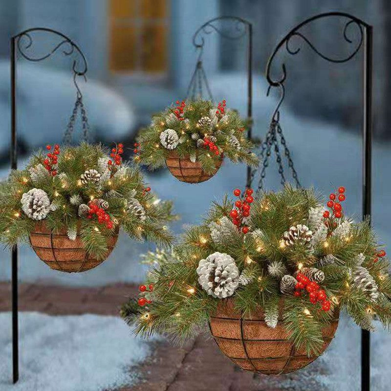 Pre-Lit Artificial Plants Hanging Basket Decorated with Berry Frosted Pine Cones
