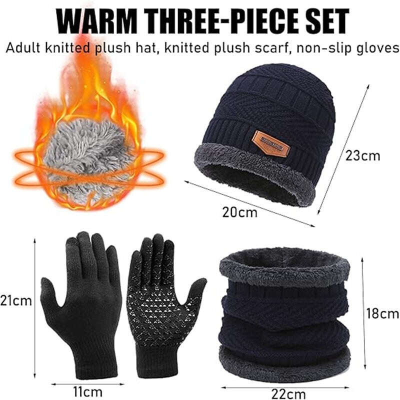 3PCS Hat Scarf Gloves Set Fleece Warm Knit Neck Warmer Wool Thermal Cap Outdoor
