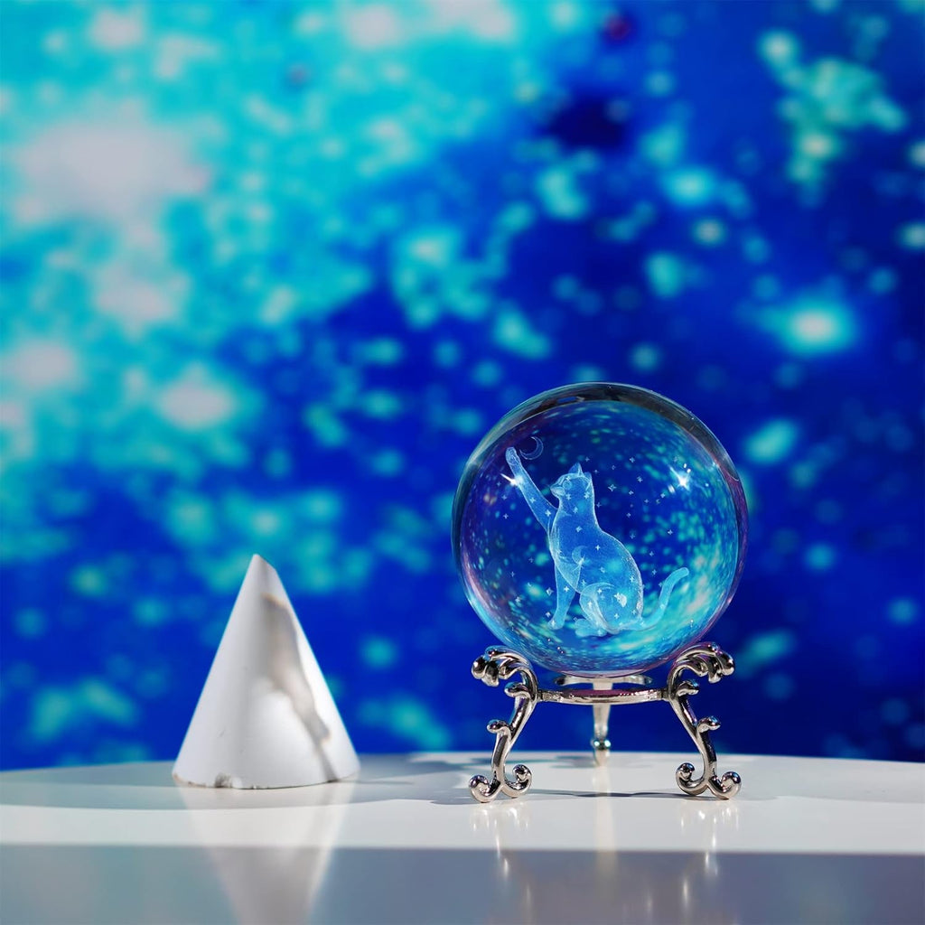 60Mm 3D Cat Crystal Ball Figurine Glass Laser Engraved Cat Moon Star Crystal Ball with Stand Glass Sphere Paperweights Cat Gifts for Cat Lovers Women