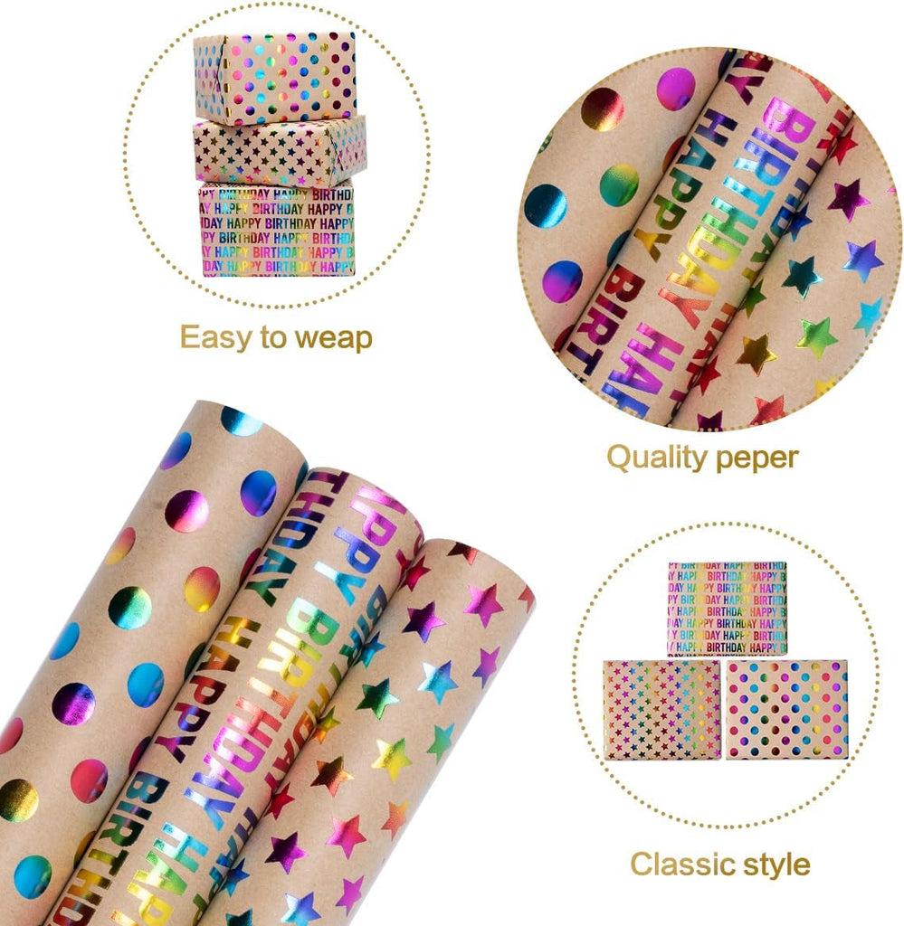 3 Rolls Birthday Gift Wrapping Paper, 43Cm*3M Recyclable Kraft Paper Print with Dots Star, Suitable for Birthday, Party, Wedding, Festival Gift Decorations