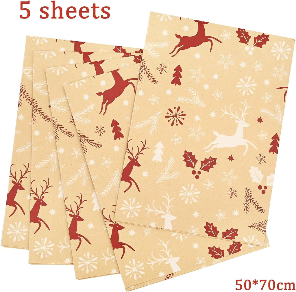 Christmas Wrapping Paper 5Pcs, 70 * 50Cm Brown Kraft Wrapping Paper for Xmas,Red White Deer Snowflake Design