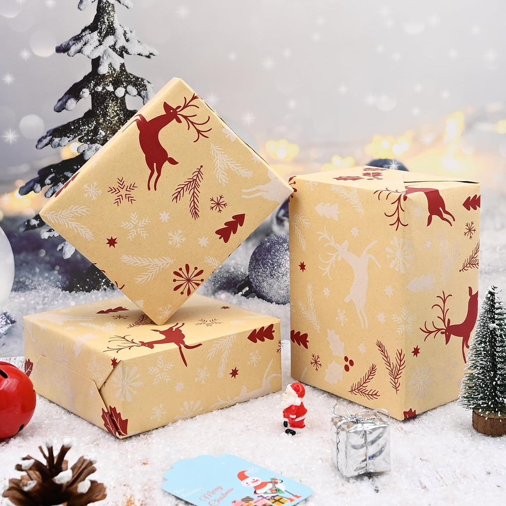 Christmas Wrapping Paper 5Pcs, 70 * 50Cm Brown Kraft Wrapping Paper for Xmas,Red White Deer Snowflake Design
