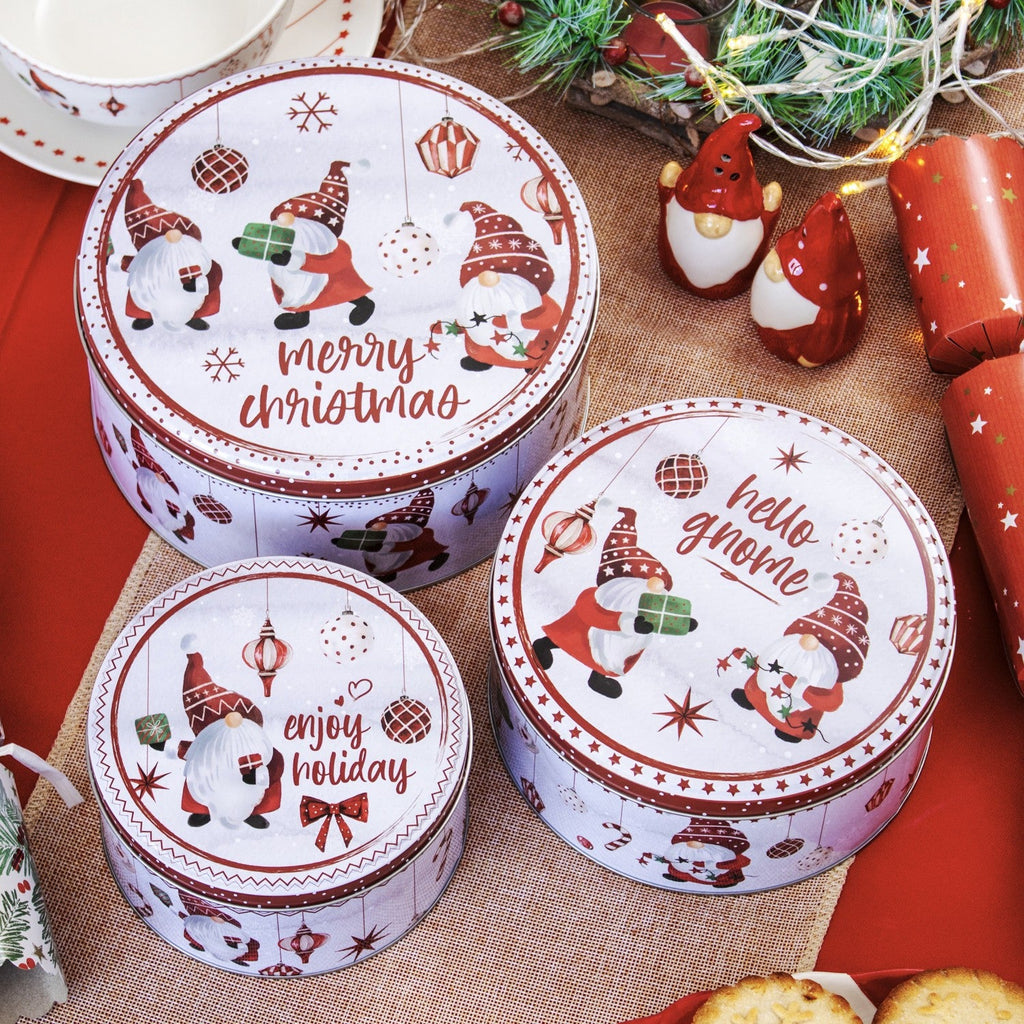 3Pc Christmas Gonk Nesting Cake Tins Set Metal Xmas Gnome Kitchen Baking Storage