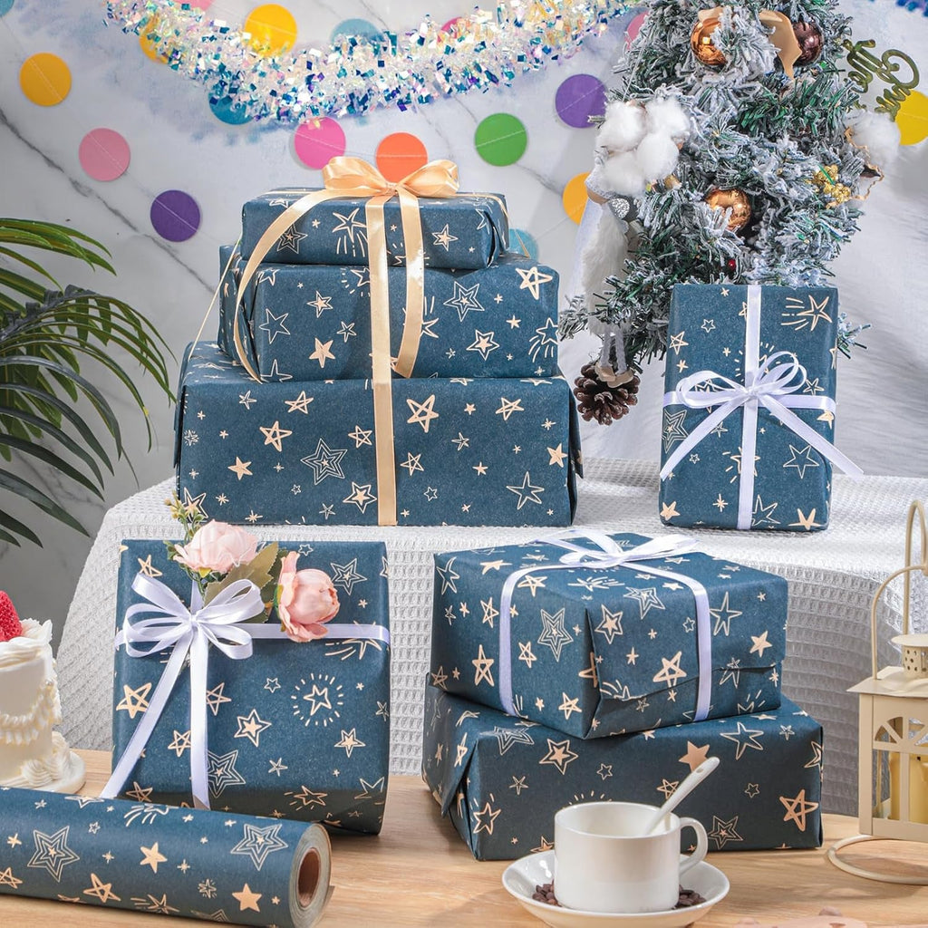 25M X 43Cm Gift Kraft Wrapping Paper Roll, Star Blue Birthday Wrapping Paper for Birthday Gift Wrap Wedding Baby Shower Party