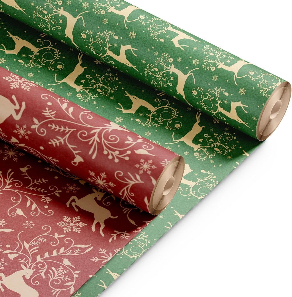 2 Pack Christmas Wrapping Paper Roll - Festive Designed Recyclable Kraft Paper, Perfect for Holiday Gifts, Arts & Crafts-Wrapping for a Merry Christmas (44.5Cm X 25M) (Reindeer)