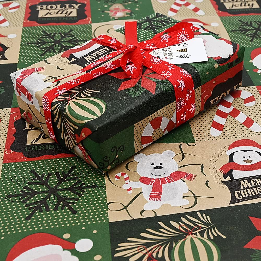 43Cm X 15M Roll Package Christmas Wrapping Paper, Kraft Paper Printed with Christmas Pattern Recyclable Wrapping Paper for Xmas Party Gift Wrap