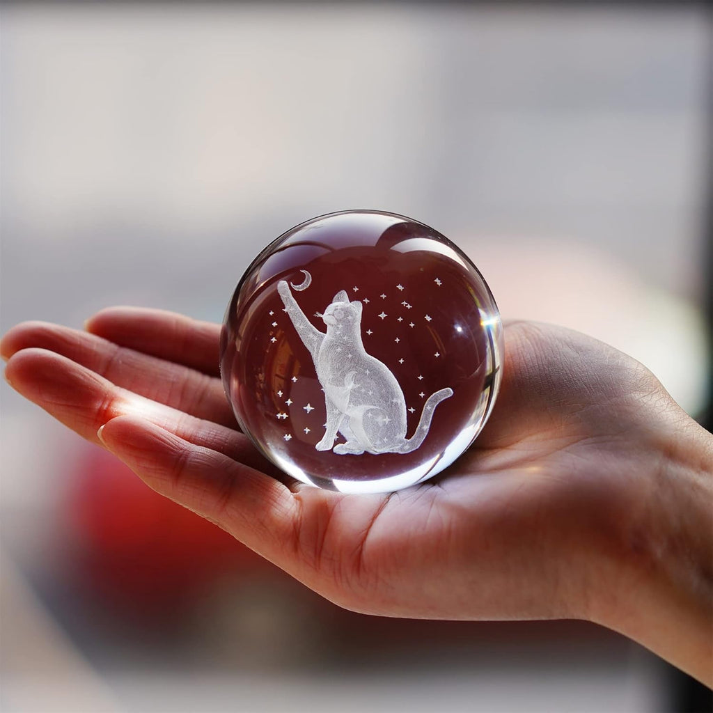 60Mm 3D Cat Crystal Ball Figurine Glass Laser Engraved Cat Moon Star Crystal Ball with Stand Glass Sphere Paperweights Cat Gifts for Cat Lovers Women