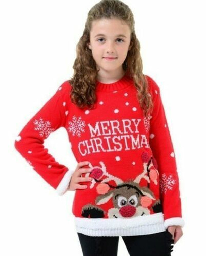 Kids Girls Boys Merry Xmas Christmas Pom Pom 3D Retro Jumper Sweater Top Novelty