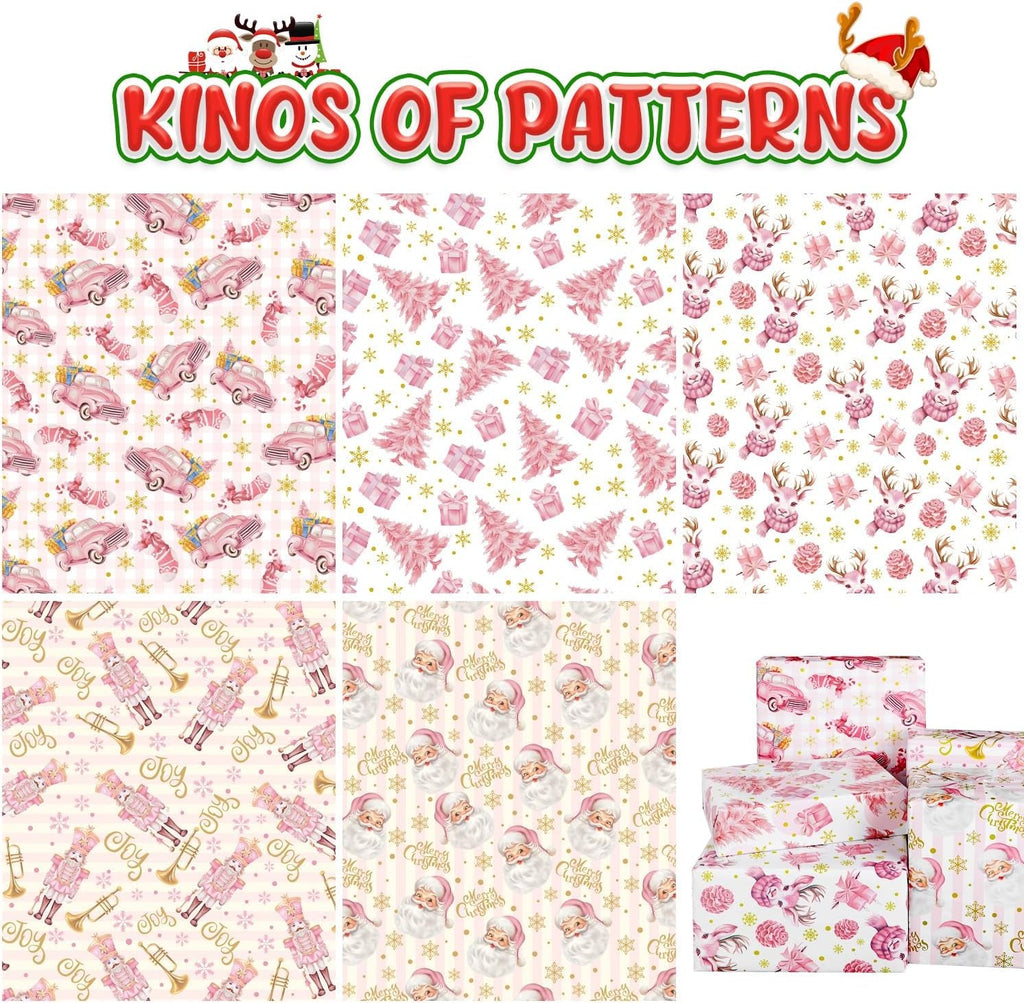 Pink Christmas Wrapping Paper - 5 X 3M Pink Xmas Wrapping Paper Rolls for Gift Boxes Festival Decoration, 43.2CM Wide, 15M