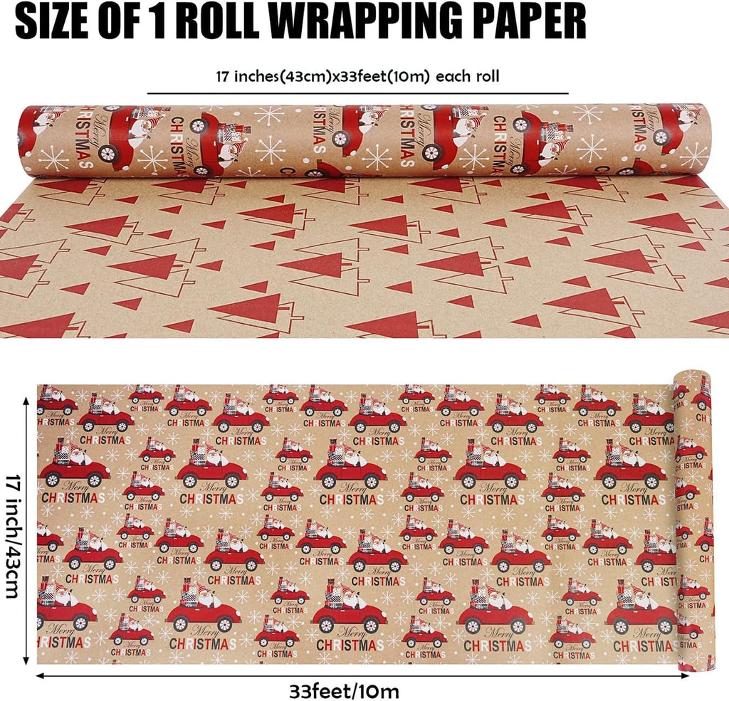 Reversible Christmas Wrapping Paper Roll, Red and White Brown Kraft Wrapping Paper Roll, Christmas Tree Car Santa Design Gift Wrapping Paper for Xmas Holiday Party, 43CM X 10M