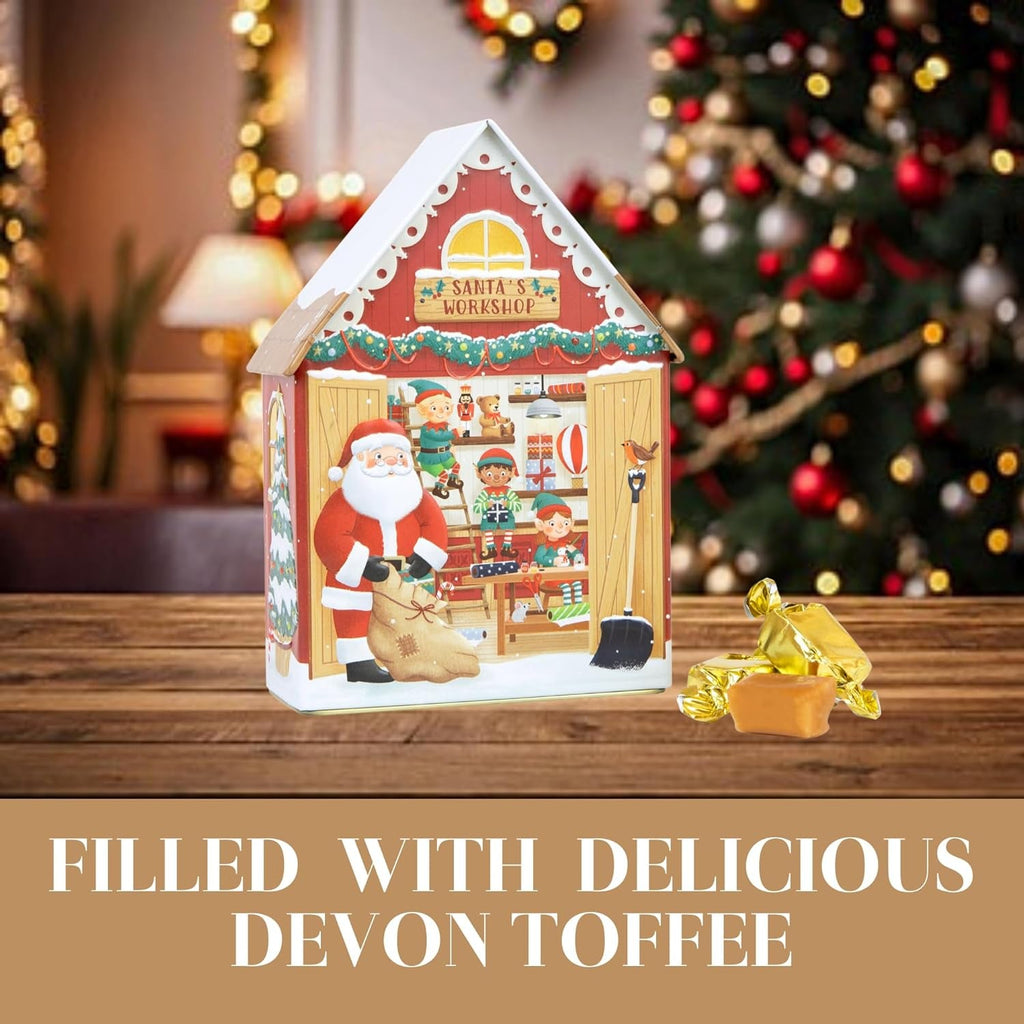 Santa'S Workshop Musical Souvenir Tin Filled with Devon Toffee - Toffee Sweet Tin with Individually Wrapped Sweets, Novelty Musical Tins with Festive Sweets - Luxury Christmas Treats Gift Box