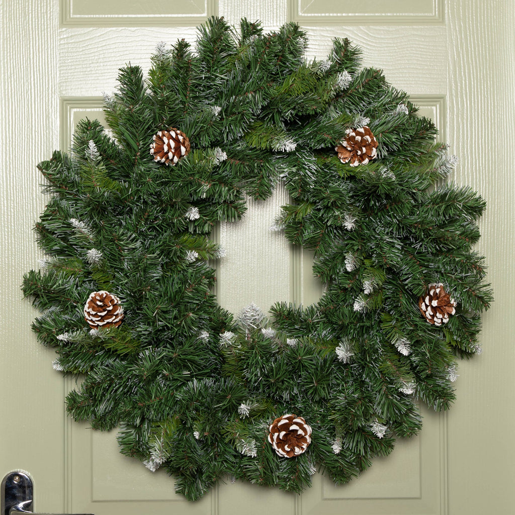 60Cm Snow King Fir Hanging Christmas Wreath with Pinecones and 200 Tips in Green