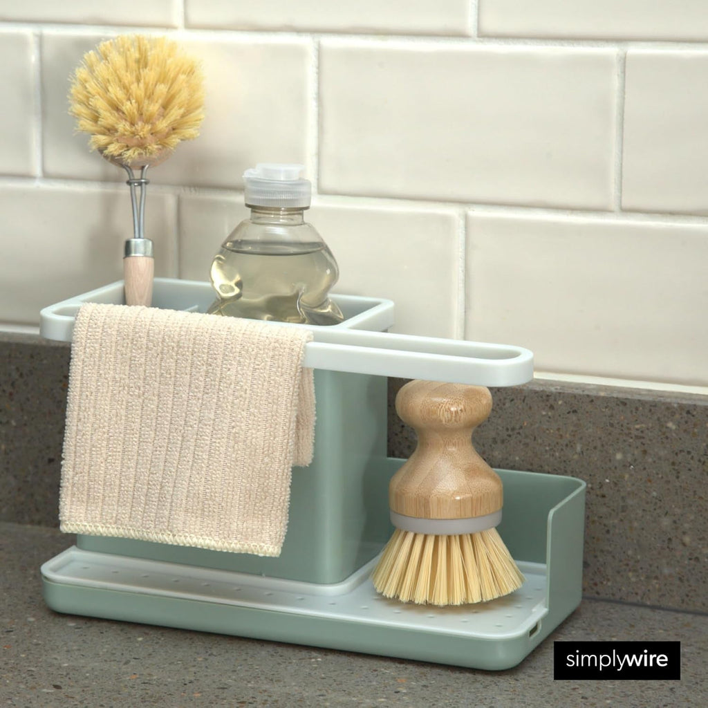 – Sink Tidy/Caddy – Kitchen Sink Organiser – Removable Drip Tray – Non-Slip - Sage Green & White