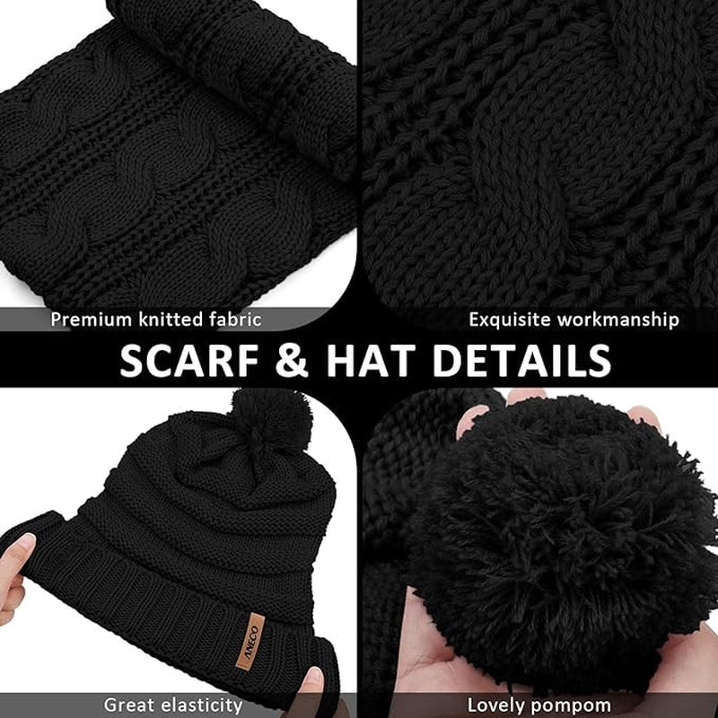 Womens Menthick Knit Hat Scarf Set and Knitted Touchscreen Warm Gloves Winter