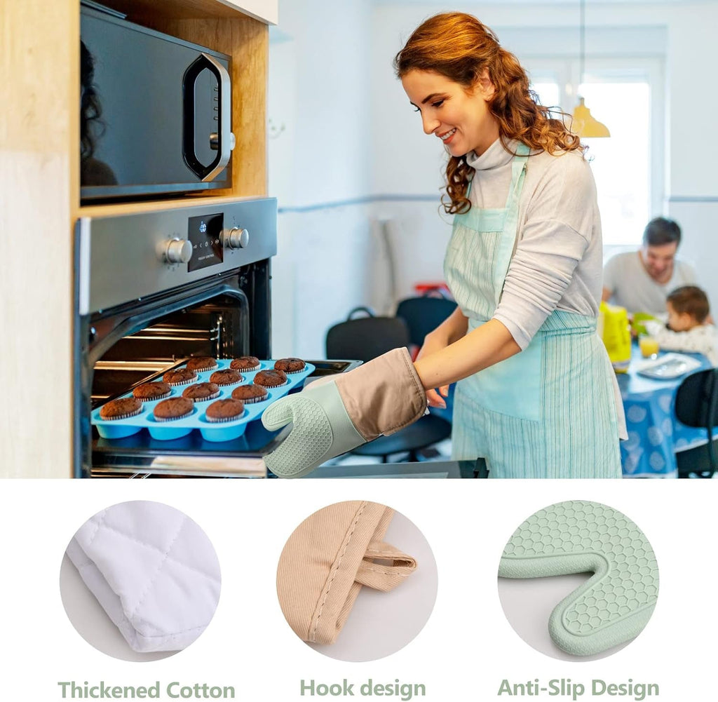 Set of Silicone Oven Gloves Heat Resistant, Pot Holder, Pot Mat, Silicone Oven Mitts Potholder Green Oven Glove Set for Home Kitchen Cooking, Baking, Grilling