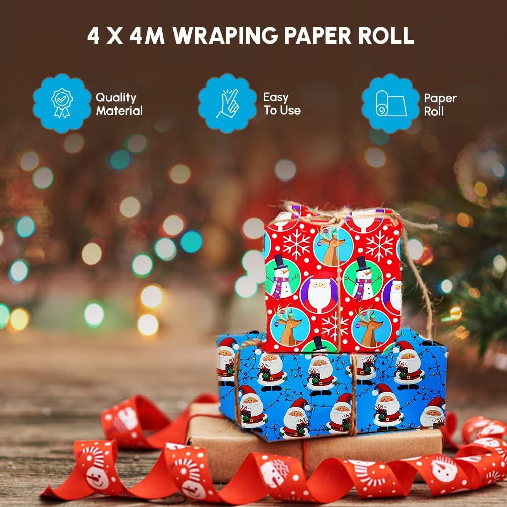 Pack of 4 X 4M Cute Christmas Character Gift Wrapping Paper Roll -Perfect for Christmas, Birthday, Festival, Party or Wedding Gift and Festive Decoration