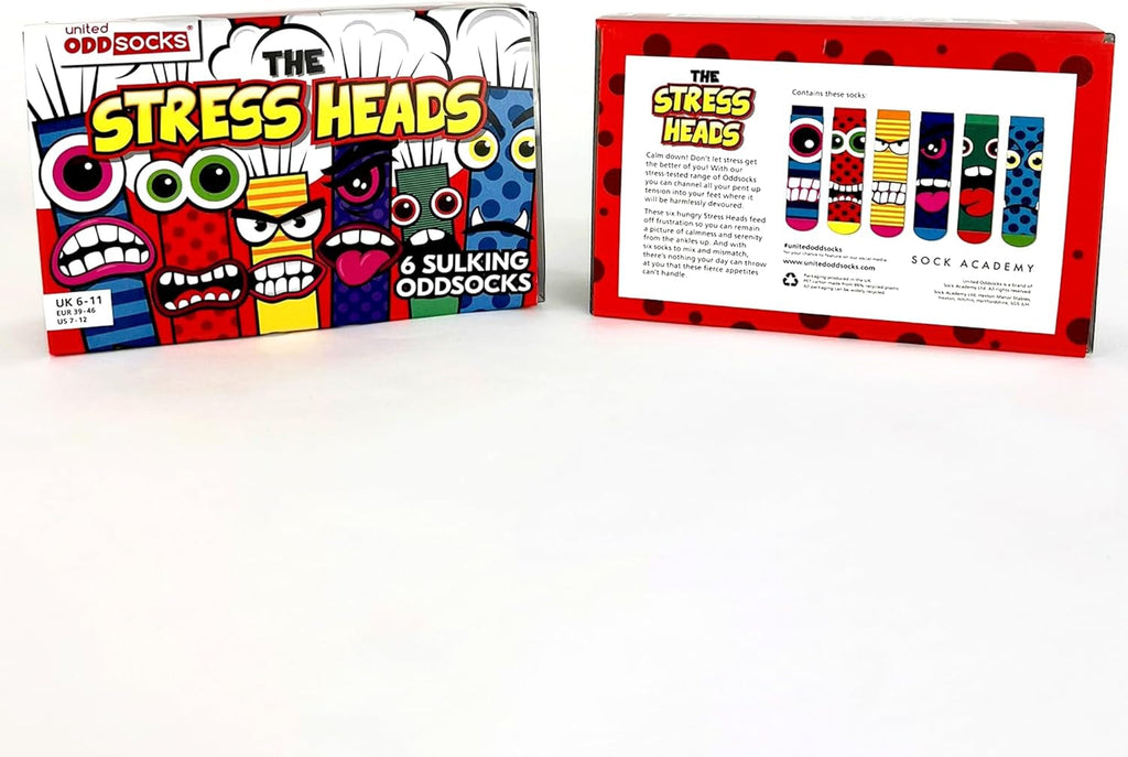 the Stress Heads Gift Box – 6 Sulking Odd Socks for Men – UK 6–11, EUR 39–46, US 7–12 – Funny Monster-Themed Mix & Match Socks – Colourful Gift for Birthdays, Father’S Day & Christmas