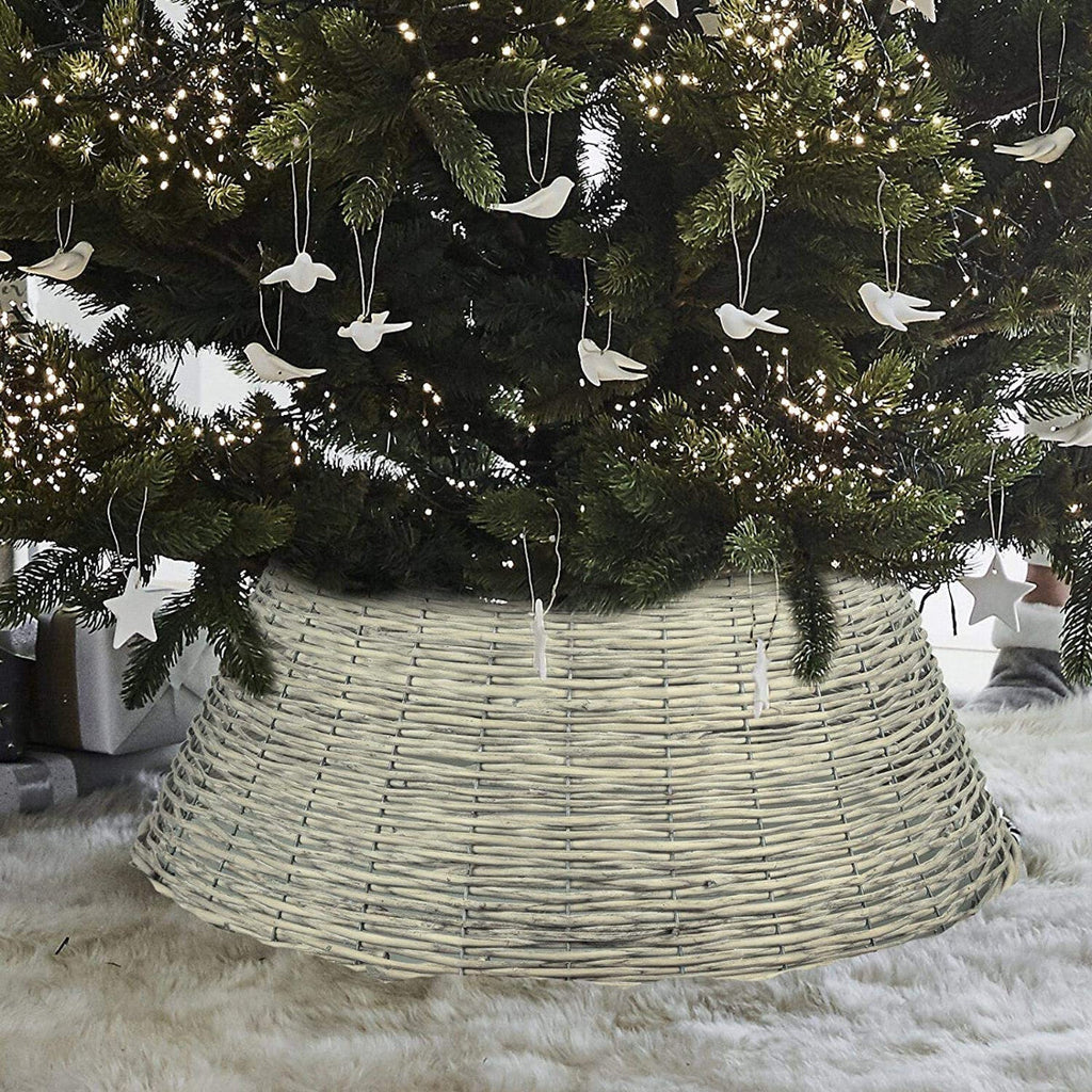 Xmas Christmas Tree Rattan Wicker Skirt Stand Base Basket Cover Tidy Decor Grey