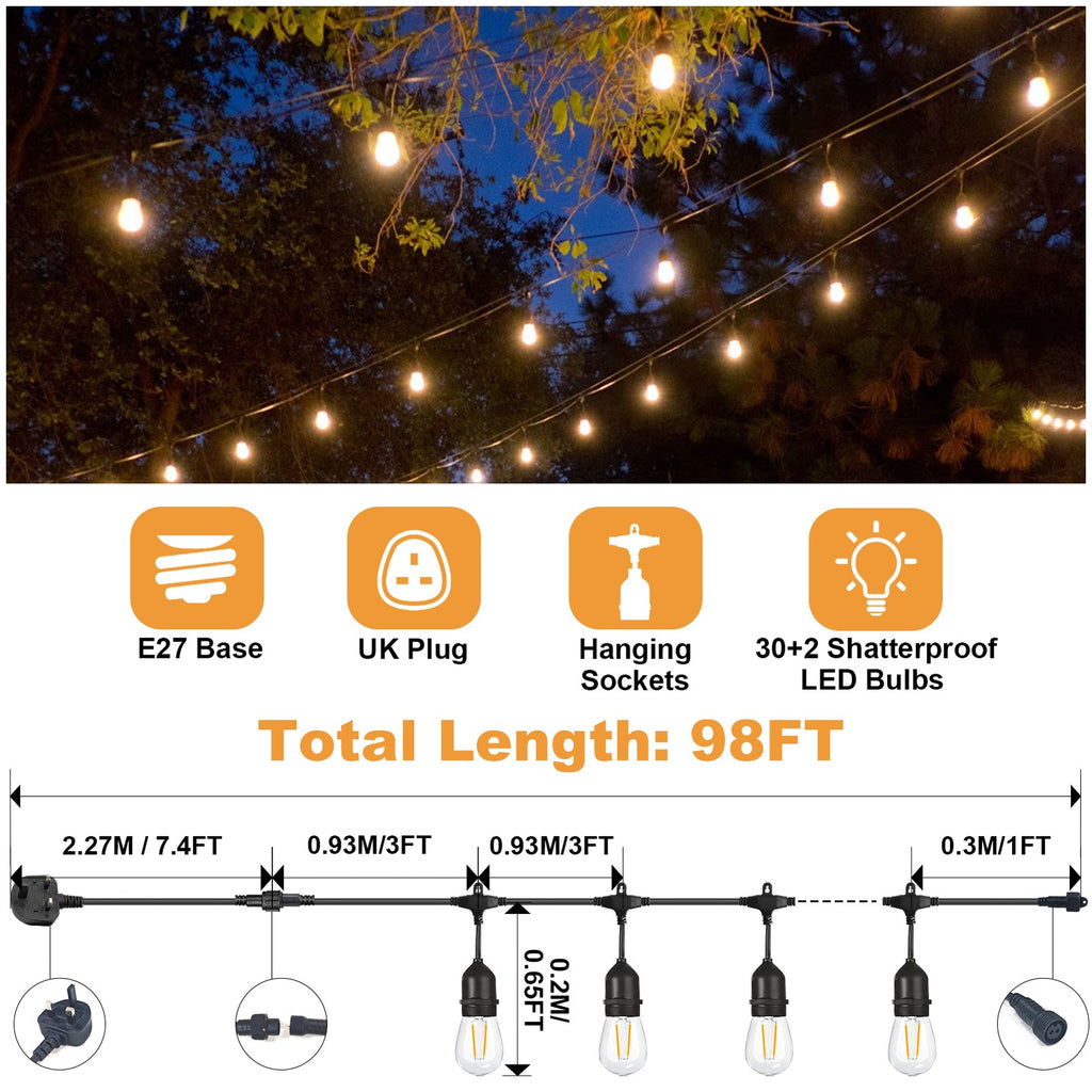 98FT Outdoor String Lights Mains Powered 30 Bulbs Garden String Festoon Lights⭐️