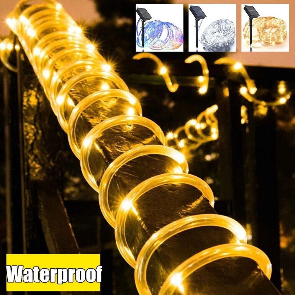 12M 100 LED Solar Rope Tube String Fairy Lights Strip Waterproof Garden Outdoor