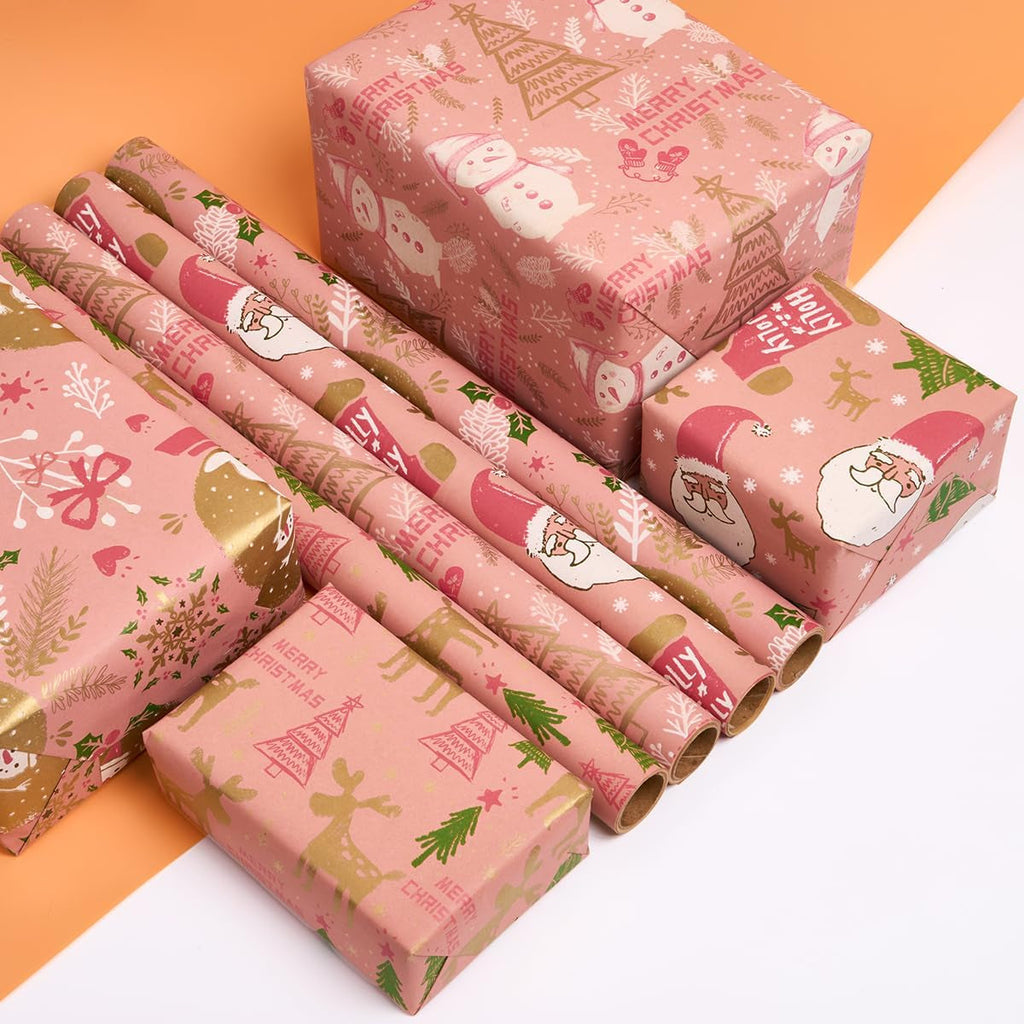 4 Rolls Pink Christmas Wrapping Paper, 43Cm*3M Recyclable Kraft Gift Wrapping Pa