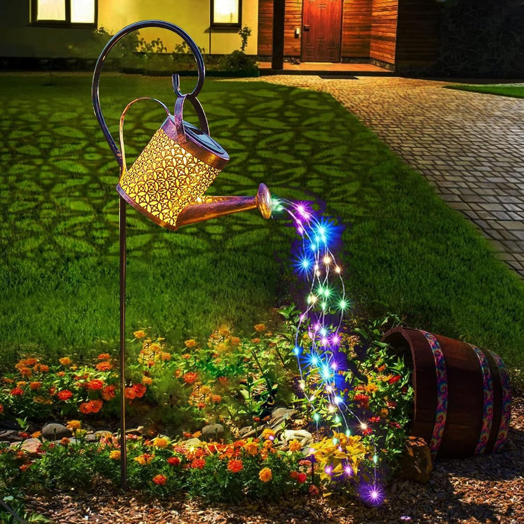 Solar Power LED String Light Watering Can Hollow Outdoor Garden Lamp Decor Xmas