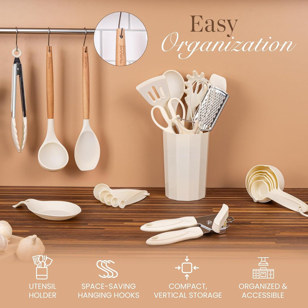 Kitchen Non Stick Cooking Utensils Set – Heat Resistant Silicone Utensils with Wooden Handle – Ladles, Spoons and Spatulas Set – Kitchen Tools & Accessories – 35Pcs, Cream – by