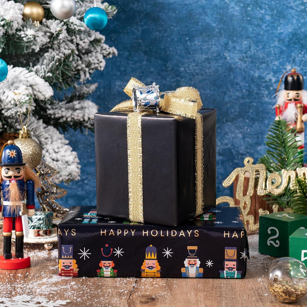 Reversible Nutcracker Christmas Wrapping Paper - Mini Roll - 43.2Cm X 10M - Foil Black Nutcracker Wrapping Paper for Christmas, Party Celebration