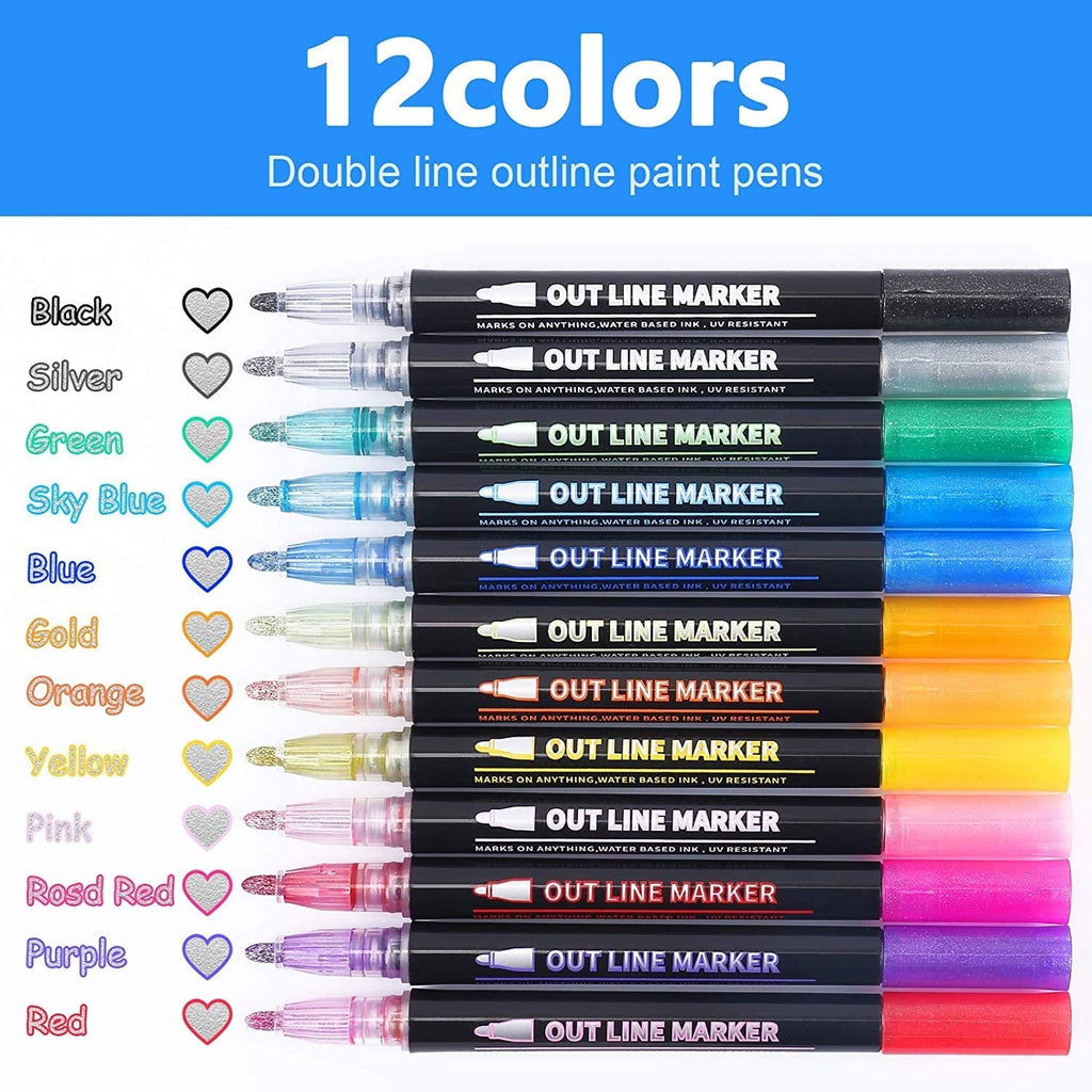 Stocking Fillers, Gifts for Teenage Girls, 12 Glitter Pens Outline Marker Pens, Stocking Fillers Kids, Arts and Crafts for Kids, Art Supplies Colouring Pens, Gifts for 4-12 Year Old Girls