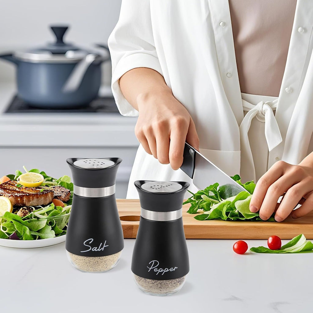 Salt and Pepper Sets,Salt and Pepper Shakers Sets with Holder,Set of 2 Stainless Steel and Glass Bottle Stainless Steel,Salt Shaker Dispenser for Cooking, BBQ (Black)