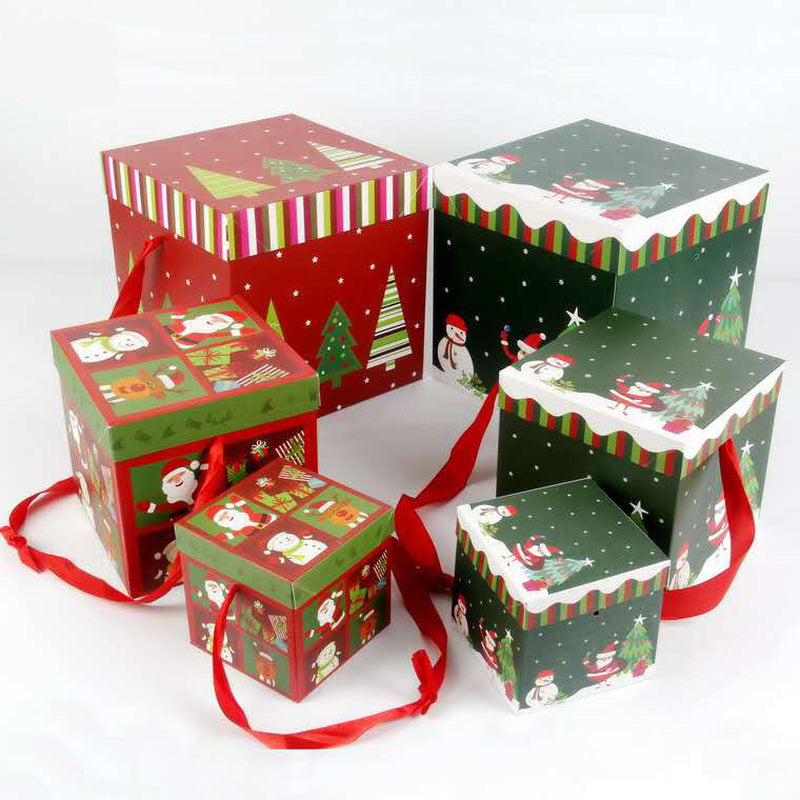 Foldable Christmas Gift Box with Lid & Ribbon Handles