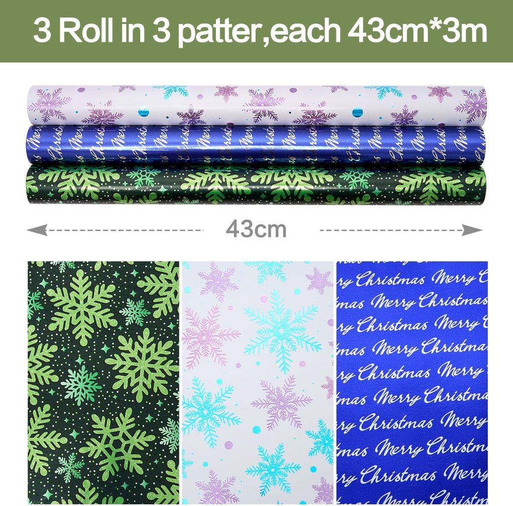 3 Rolls Gift Wrapping Paper for Christmas, 43Cm*3M Shine Wrapping Paper Print with Snowflake and “Merry Christmas”For Xmas, Birthday, Festival Party Gift Decoration