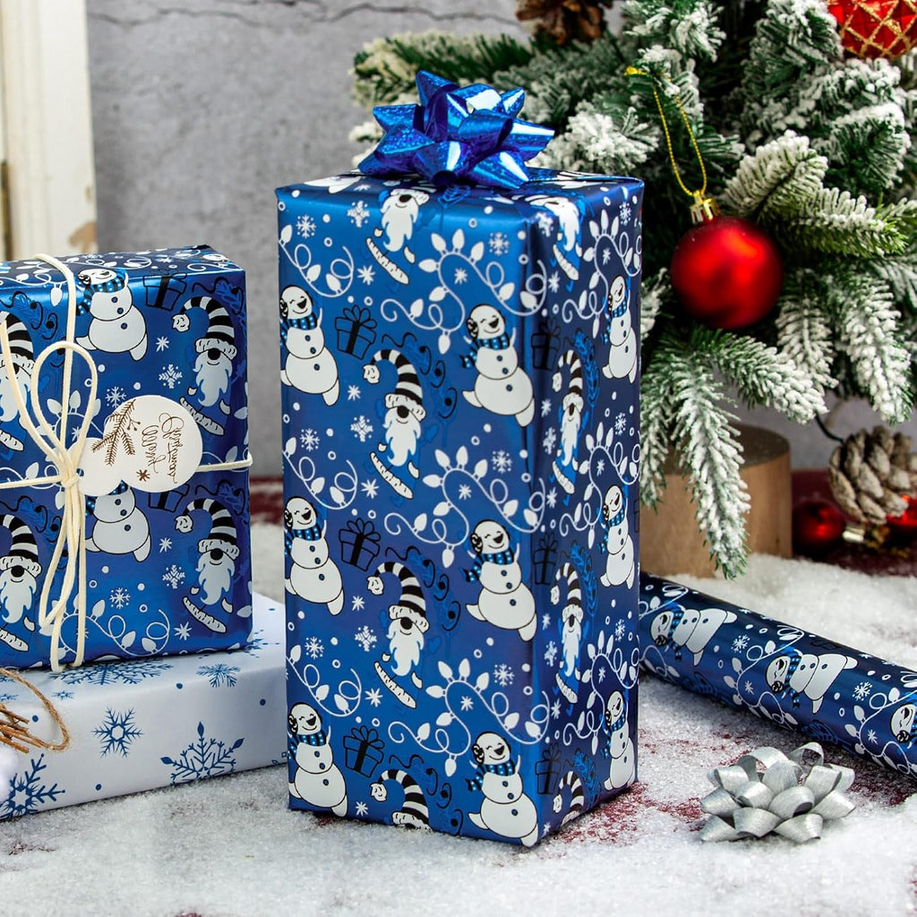 Christmas Wrapping Paper - Mini Roll - Funny Snowman and Snowflake Pattern Blue Reversible Gift Wrap for Winter Holiday Festive Celebration - 43Cm X 10M