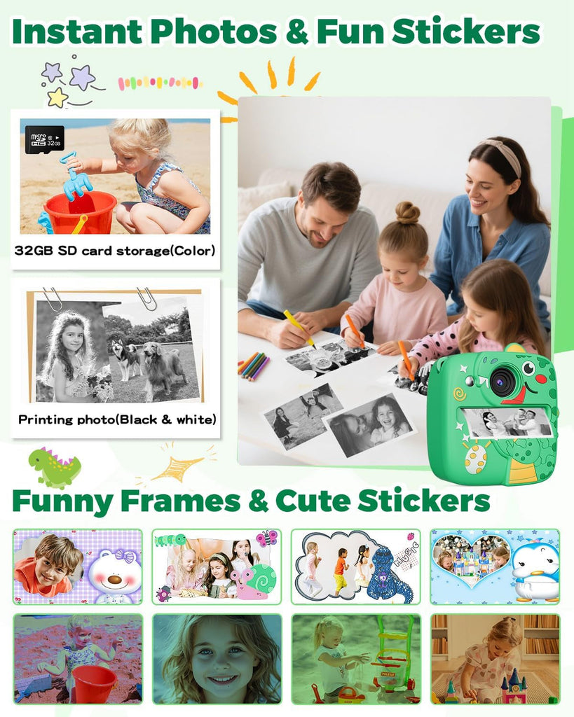 Instant Print Camera for Kids, Christmas Birthday Gifts Toys for 3 4 5 6 7 8 9 Year Old Boys Girls, 1080P Kids Digital Cameras Dinosaur Boys Toys Age 3-9 (Green)