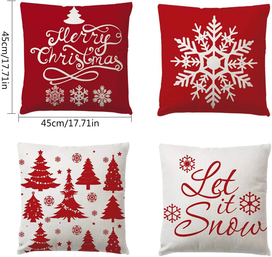 Christmas Decorations Pillow Covers 4 Pack, Christmas Tree Snowflake Reindeer Sa