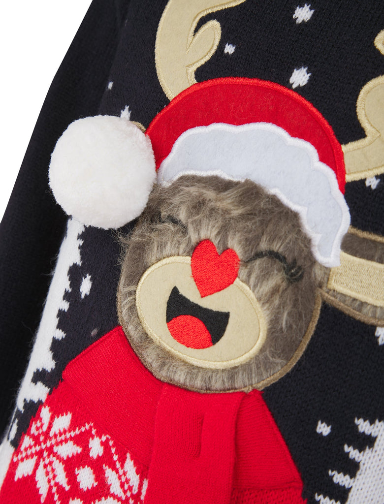 Girl'S Novelty Christmas Jumper Reindeer Knitted Xmas Sweater Top 3D Pom Pom Fur