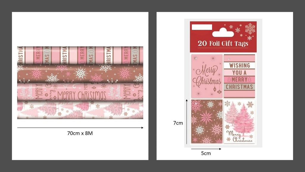 Christmas Gift Wrapping Paper Rose Gold Blush Pink 4 X 8M Rolls + 20 Gift Tags