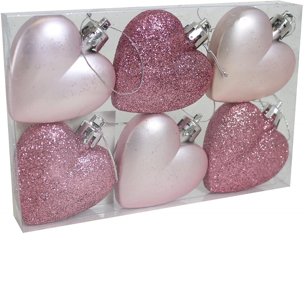 6 Blush Dusty Pink Heart Bauble Christmas Ornament Hanging Tree Decorations