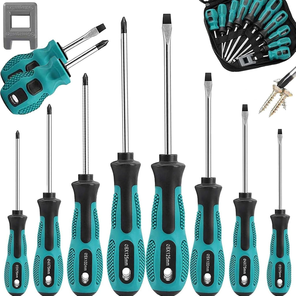 10Pcs Screwdriver Set,Heavy Duty Chrome Vanadium Steel Made,Magnetic Screwdriver with 5 Cross& 5 Flat Head,Durable Hand Tools in Carry Bag