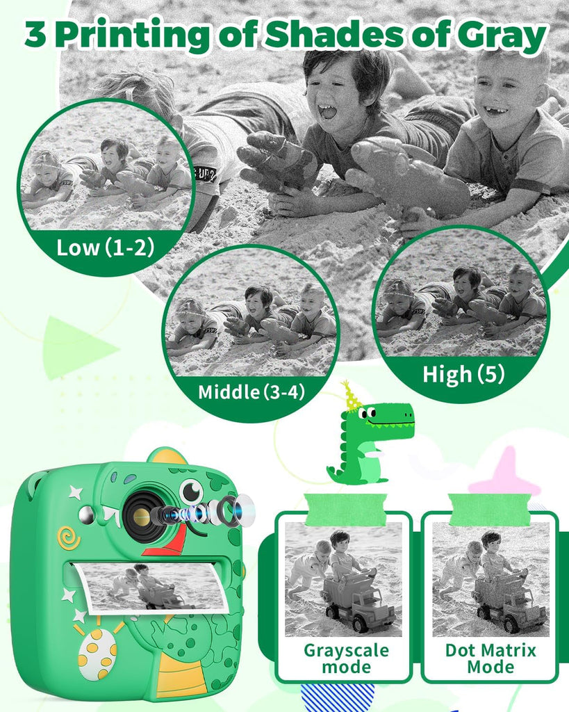 Instant Print Camera for Kids, Christmas Birthday Gifts Toys for 3 4 5 6 7 8 9 Year Old Boys Girls, 1080P Kids Digital Cameras Dinosaur Boys Toys Age 3-9 (Green)