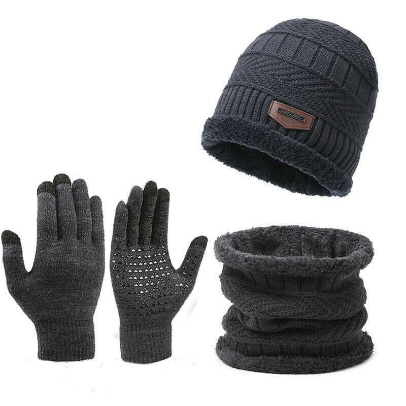 3PCS Hat Scarf Gloves Set Fleece Warm Knit Neck Warmer Wool Thermal Cap Outdoor