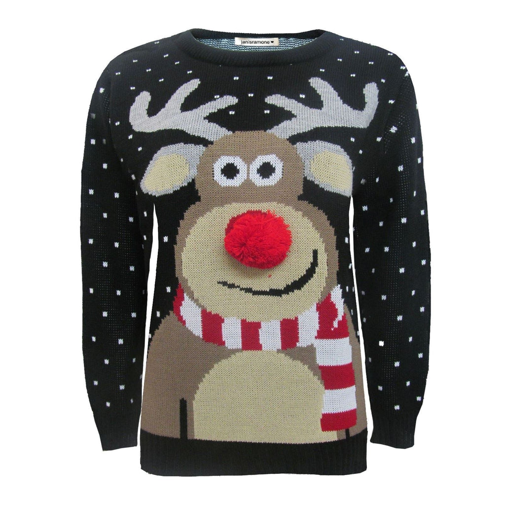 Kids 3D Pom Pom Rudolph Christmas Jumper Girls Boys Knitted Merry Xmas Sweater