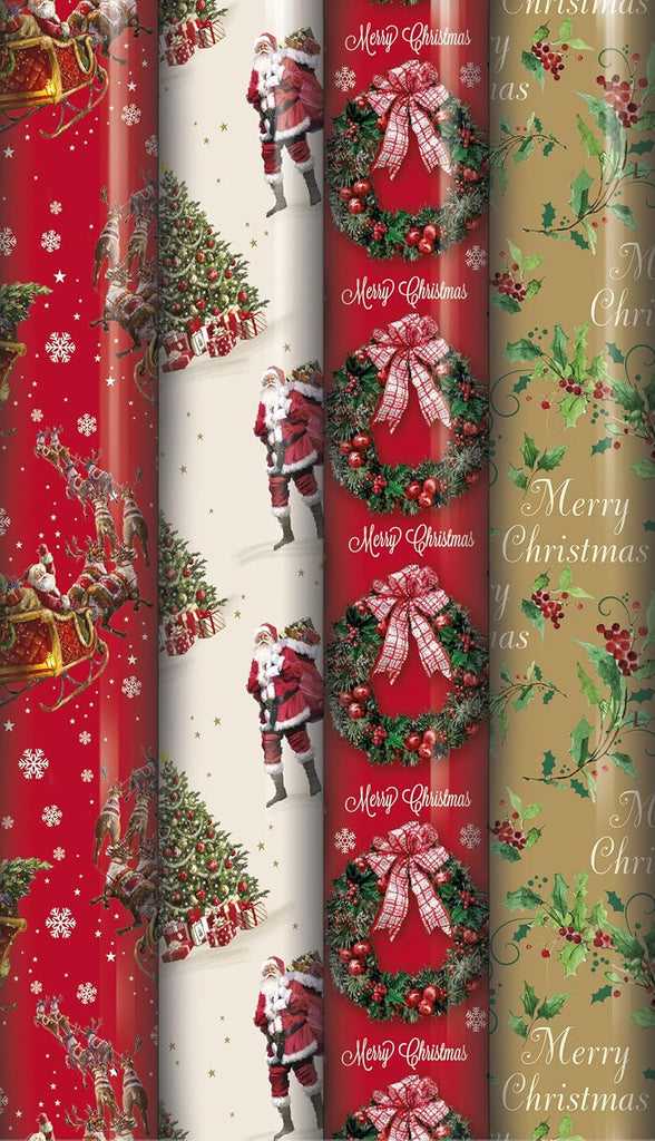 4 X 8M ROLLS CHRISTMAS XMAS WRAPPING PAPER ASSORTED DESIGNS ASOS SANTA BELL XMAS TREES STOCKING RUDOLPH TRADITIONAL STYLE ND