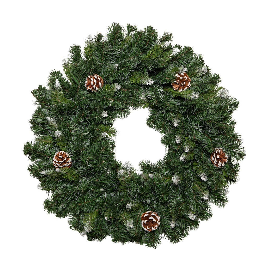 60Cm Snow King Fir Hanging Christmas Wreath with Pinecones and 200 Tips in Green