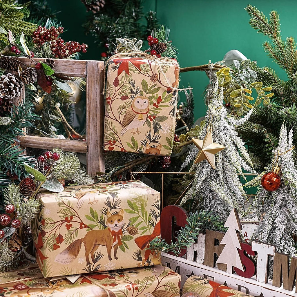 Christmas Wrapping Paper Roll for Boys Girls, Mini Roll, Woodland Animal Design with Fox, Reindeer, Owl and Bunny, Kraft Gift Wrap for Christmas, Winter Party, 43.2Cm X 5M