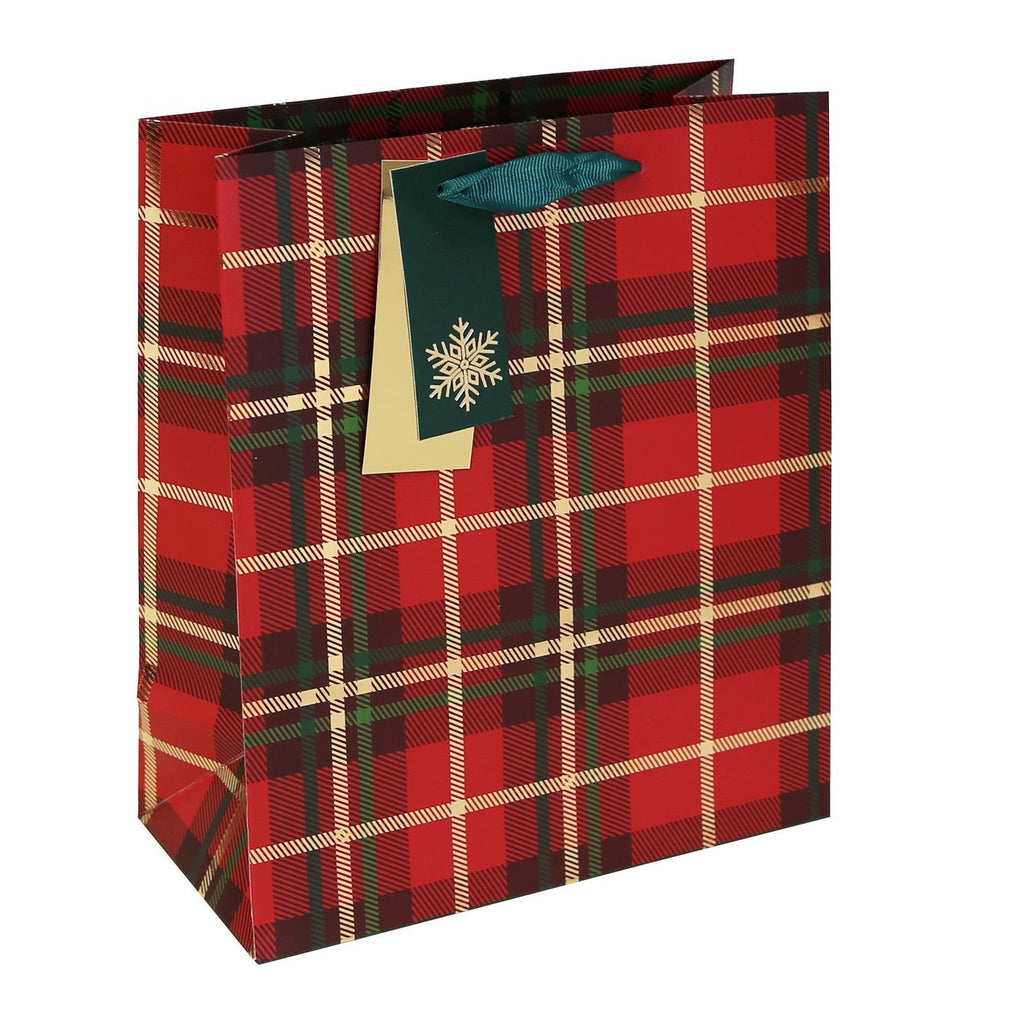 Christmas Gift Bag with Gift Tag Tartan Print 25.5Cm X 21.5Cm X 10Cm