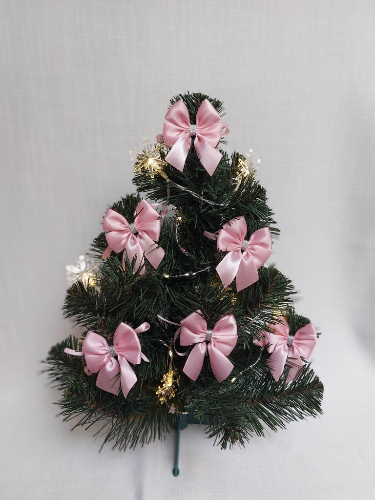 6 X Christmas Tree Ribbon Decoration Bows Pink Satin Silver 6 Cm Small Bows